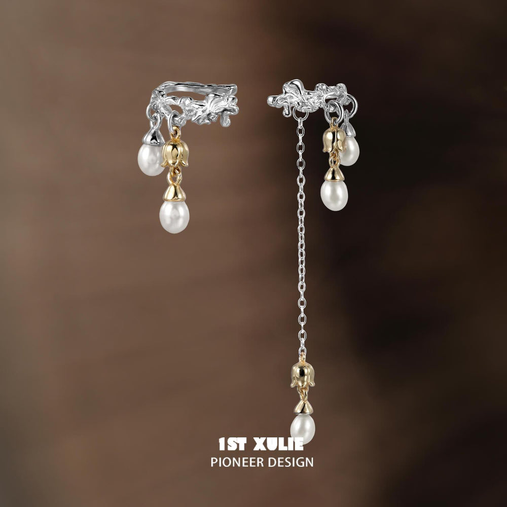1ST XULIE "Tears of Mermaid" Dainty Tulip Pearl Clip-On Earrings in Platinum Plated - Side View