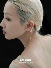 1ST XULIE "Tears of Mermaid" Dainty Tulip Pearl Clip-On Earrings in Platinum Plated - Clasp Detail Shot