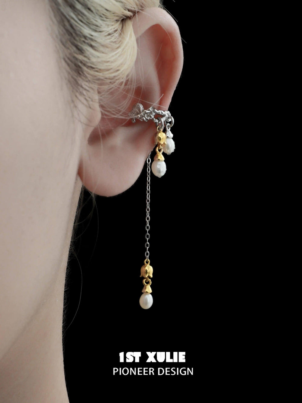 1ST XULIE "Tears of Mermaid" Dainty Tulip Pearl Clip-On Earrings in Platinum Plated - Detail Shot