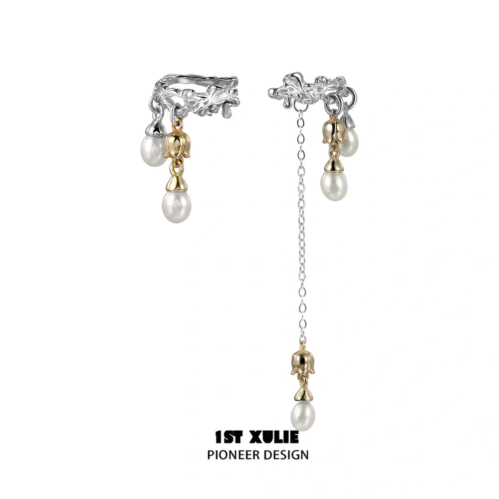 1ST XULIE "Tears of Mermaid" Dainty Tulip Pearl Clip-On Earrings in Platinum Plated - Product View