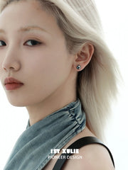 1ST XULIE "Mini World" Dainty World Map Stud Earrings in 925 Sterling Silver - On Model Close-Up