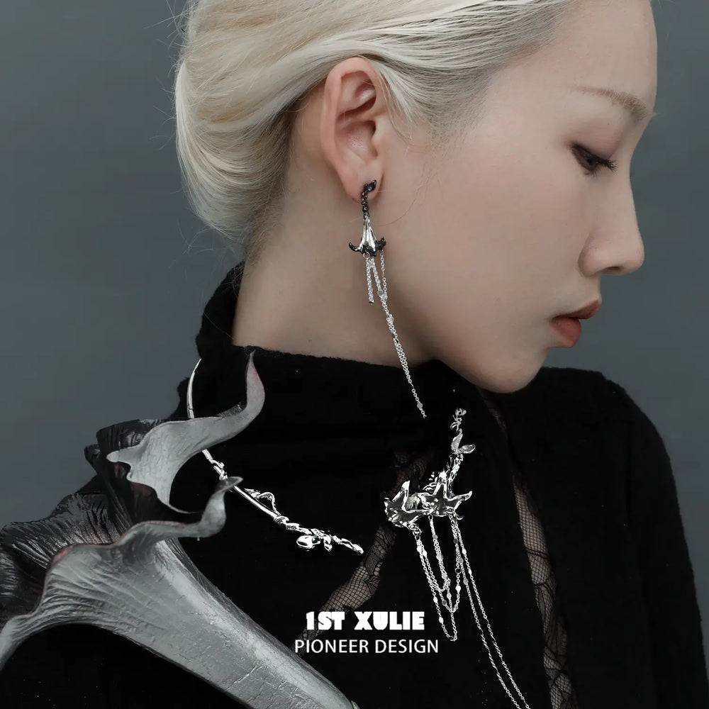 1ST XULIE "Bloody Datura" Statement Datura Flower Tassel Dangle Earrings in 18K Gold Plated - Product View