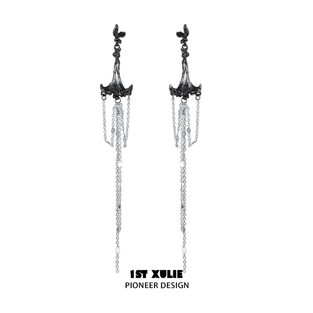 1ST XULIE "Bloody Datura" Statement Datura Flower Tassel Dangle Earrings in 18K Gold Plated - On Model