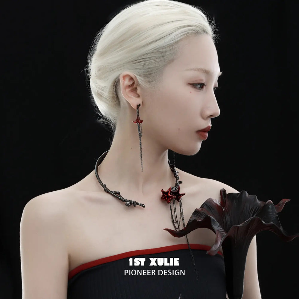 1ST XULIE "Bloody Datura" Statement Datura Flower Tassel Dangle Earrings in 18K Gold Plated - Side View