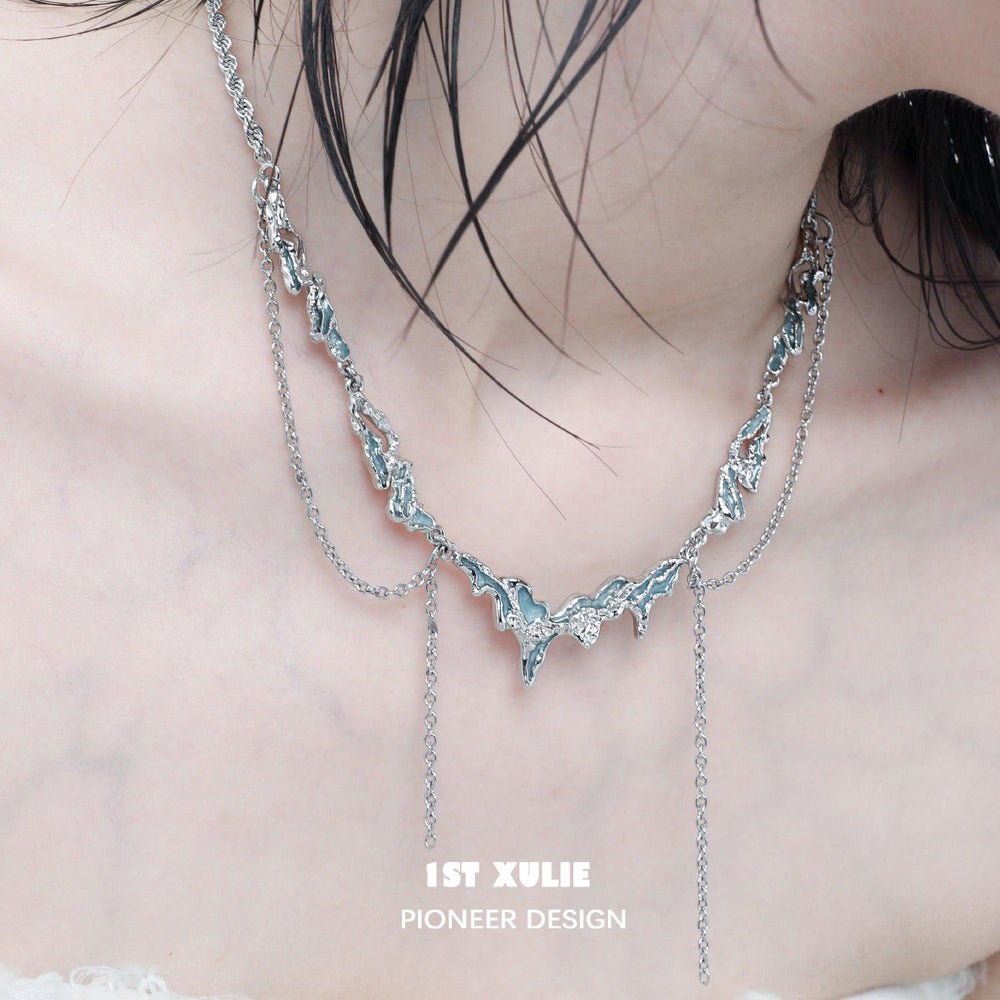 1ST XULIE "THE SEA" Deep Sea Statement Tassel Choker Necklace in Platinum Plated - Full View