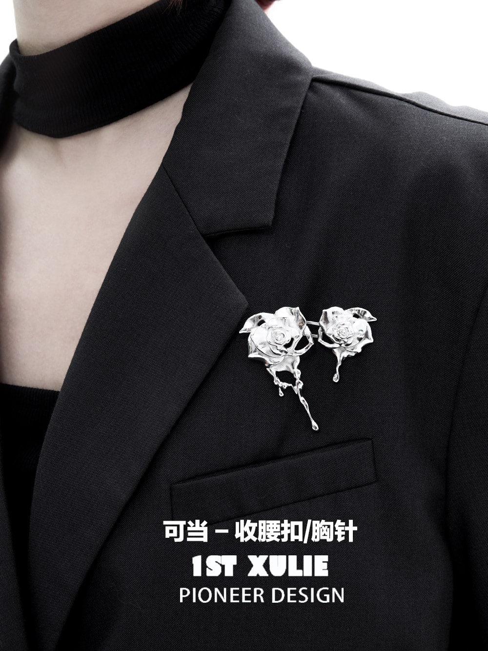 1ST XULIE "Taboo Rose" Detachable Double Rose Brooch in Platinum Plated - Angled View
