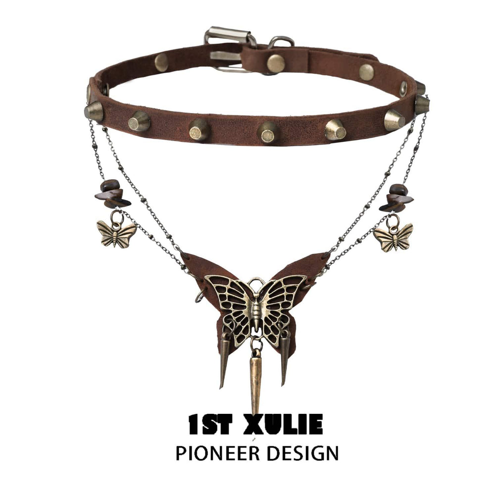 1ST XULIE "ButterflyWasteland" Distressed Cowhide Butterfly Statement Choker in Platinum Plated Alloy and Leather - Side View