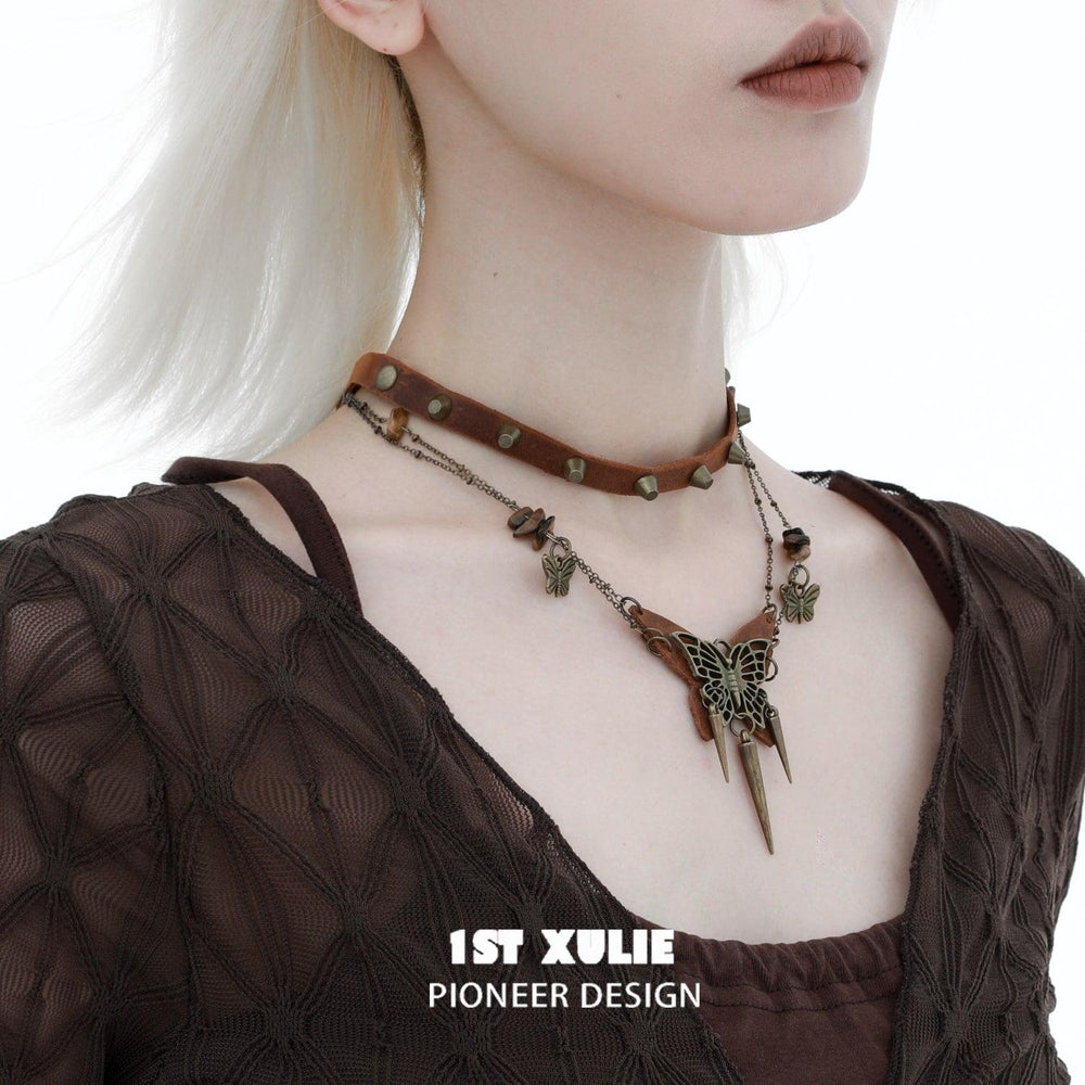 1ST XULIE "ButterflyWasteland" Distressed Cowhide Butterfly Statement Choker in Platinum Plated Alloy and Leather - Detail Shot