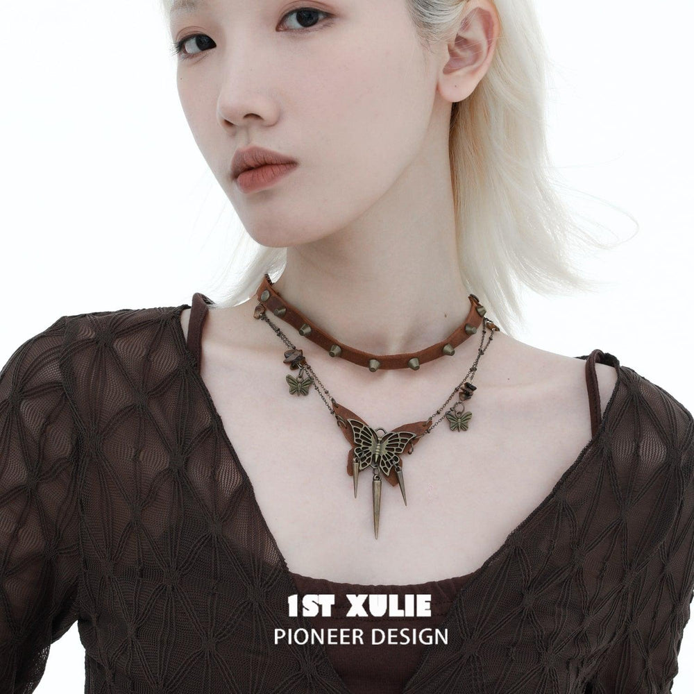 1ST XULIE "ButterflyWasteland" Distressed Cowhide Butterfly Statement Choker in Platinum Plated Alloy and Leather - Product View