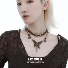 1ST XULIE "ButterflyWasteland" Distressed Cowhide Butterfly Statement Choker in Platinum Plated Alloy and Leather - Product View