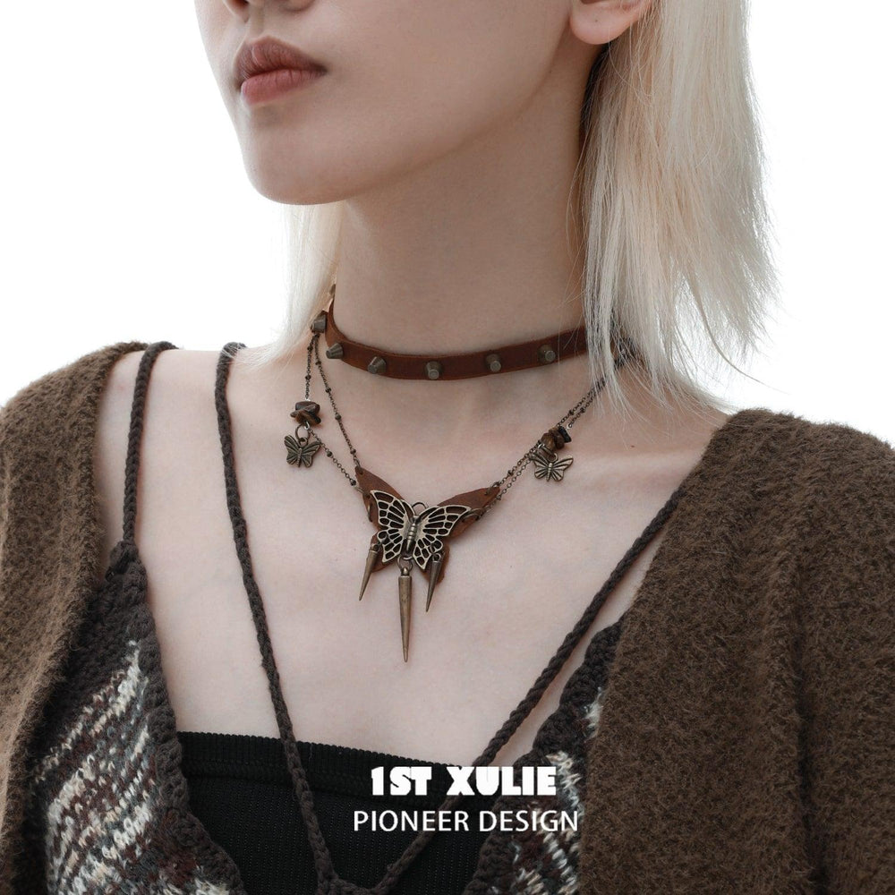 1ST XULIE "ButterflyWasteland" Distressed Cowhide Butterfly Statement Choker in Platinum Plated Alloy and Leather - On Model