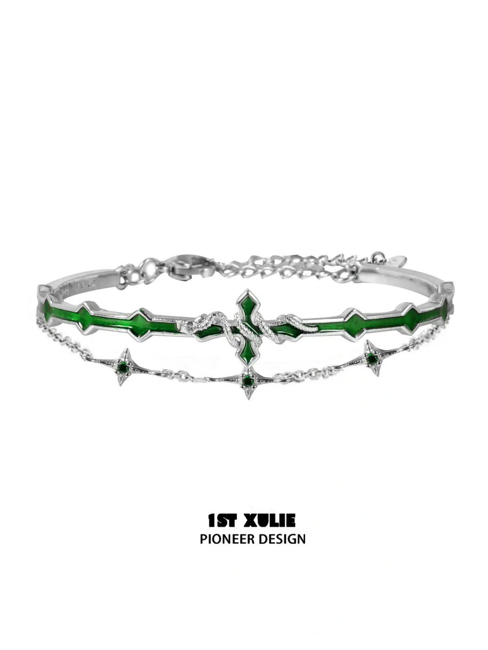 1ST XULIE "Snake Bite" Double-Layer Snake Bangle in Platinum Plated - On Model