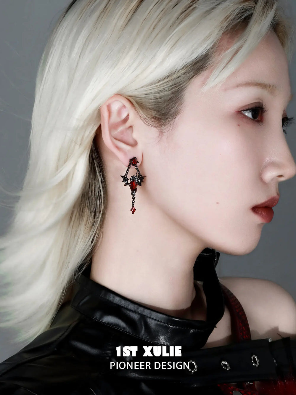 1ST XULIE Jewelry "Infernal Dragon Relic" Dragon Bone Dangle Earrings in Black Gold Plated Brass - Detail Shot