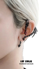 1ST XULIE Jewelry "Infernal Dragon Relic" Dragon Bone Ear Climber Earring in Black Gold Plated - On Model