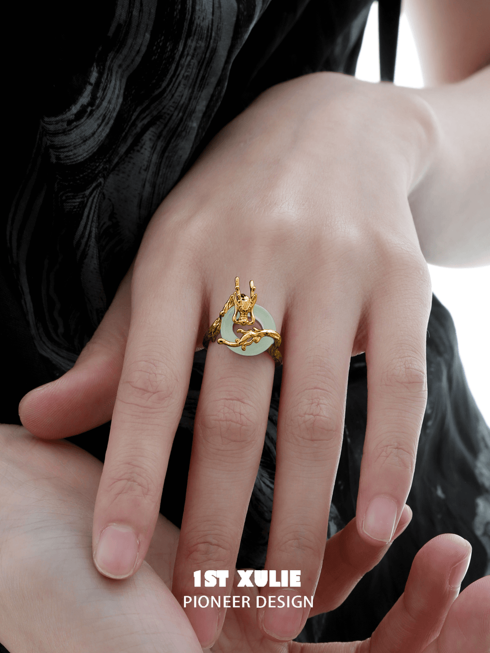 1ST XULIE "Loong" Dragon Chalcedony Adjustable Statement Ring in 24K Gold Plated 925 Silver - Detail Shot