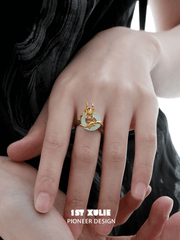 1ST XULIE "Loong" Dragon Chalcedony Adjustable Statement Ring in 24K Gold Plated 925 Silver - Detail Shot