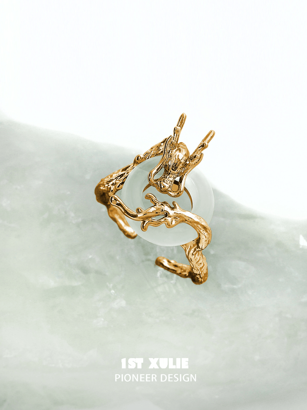 1ST XULIE "Loong" Dragon Chalcedony Adjustable Statement Ring in 24K Gold Plated 925 Silver - Product View