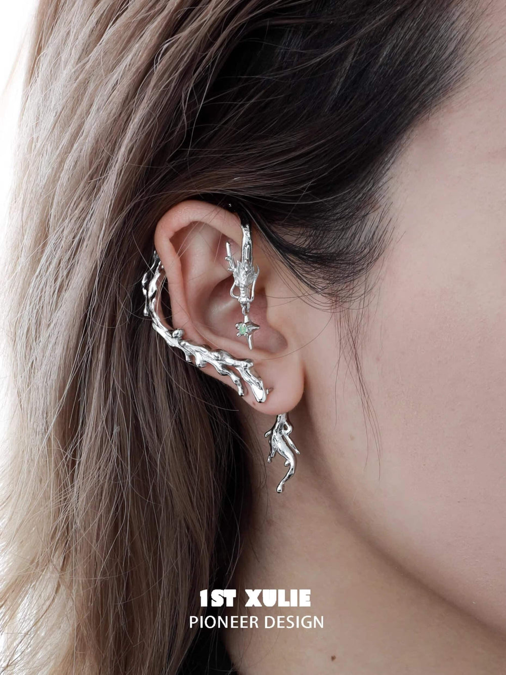 1ST XULIE "Loong" Dragon Opal Ear Climber Earrings in Platinum Plated - Product View