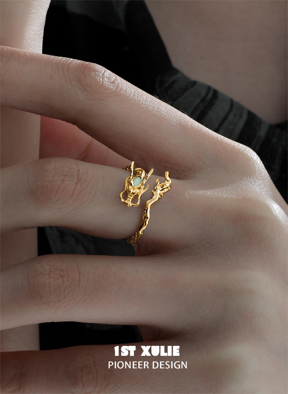 1ST XULIE "Loong" Adjustable Flowing Dragon Opal Open End Ring in 925 Sterling Silver - Side View