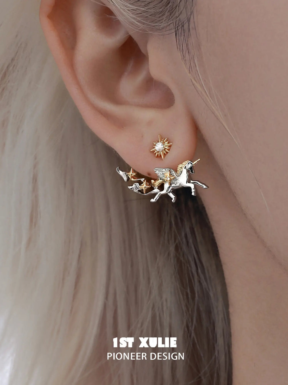 1ST XULIE "DREAM HORSE" Mythical Dream Horse Unicorn Stud Earrings in 18K Gold & Platinum Plating - Angle View