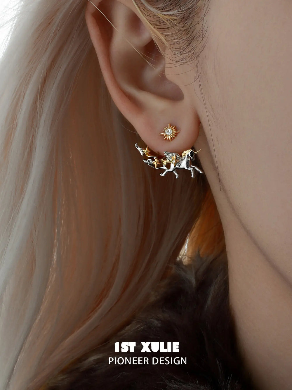 1ST XULIE "DREAM HORSE" Mythical Dream Horse Unicorn Stud Earrings in 18K Gold & Platinum Plating - On Model Close Up