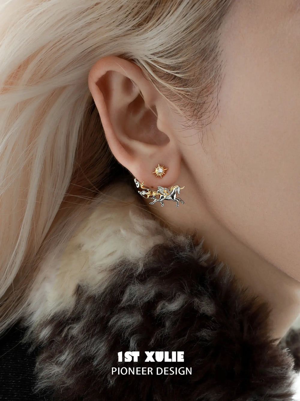 1ST XULIE "DREAM HORSE" Mythical Dream Horse Unicorn Stud Earrings in 18K Gold & Platinum Plating - Side View
