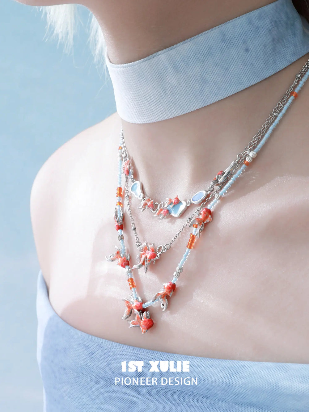 1ST XULIE Jewelry "THE SEA" Dreamy Goldfish Beaded Necklace - Side View