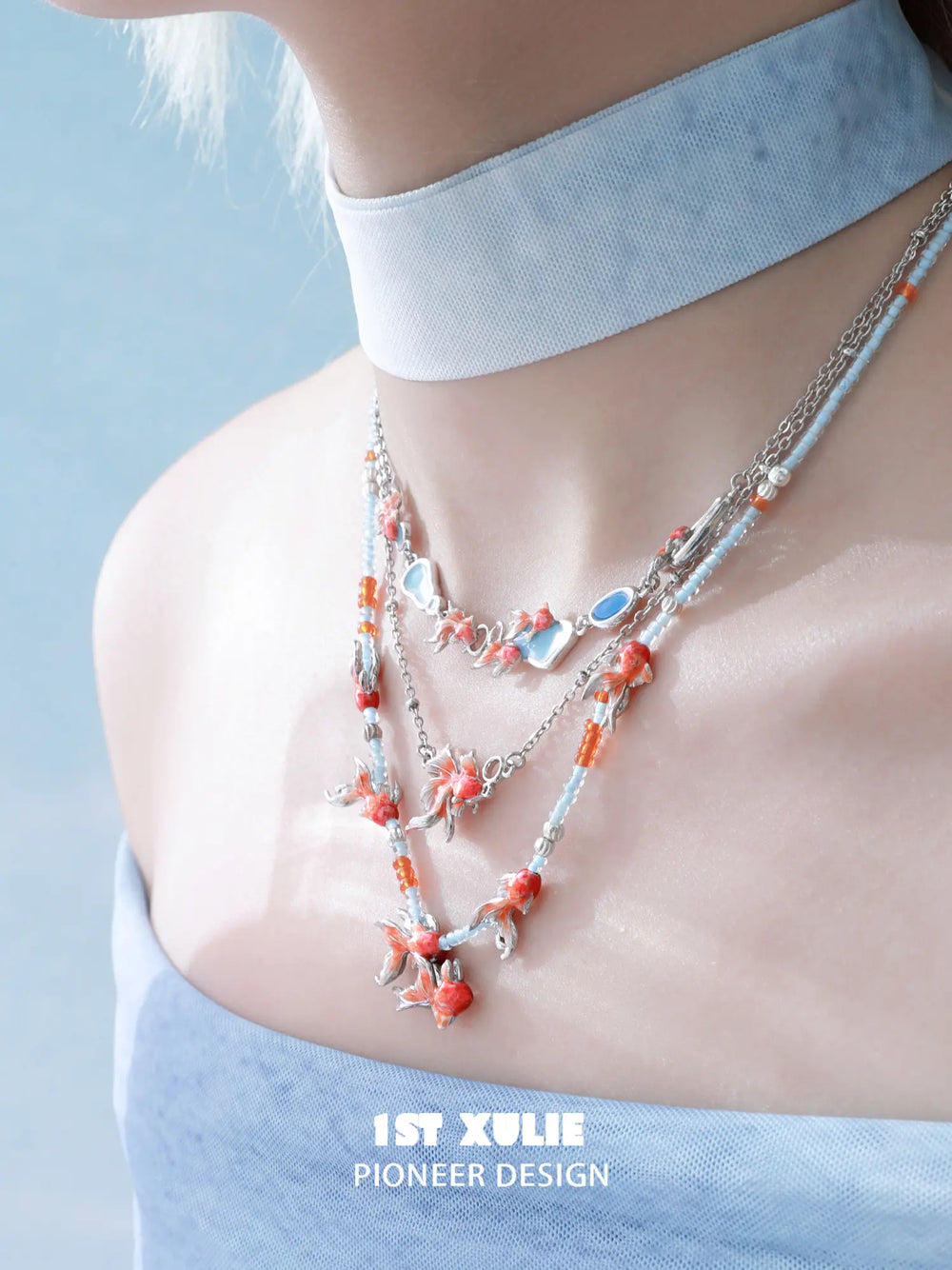 1ST XULIE Jewelry "THE SEA" Dreamy Goldfish Layered Pendant Necklace in Brass and Resin - On Model