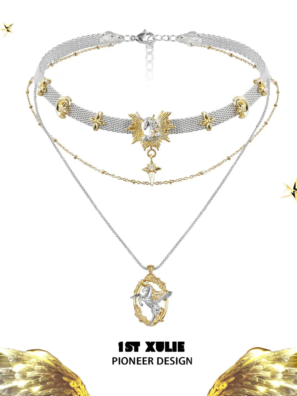 1ST XULIE "DREAM HORSE" Dreamy Unicorn Necklace in 18K Gold and Platinum Plated - Angle View