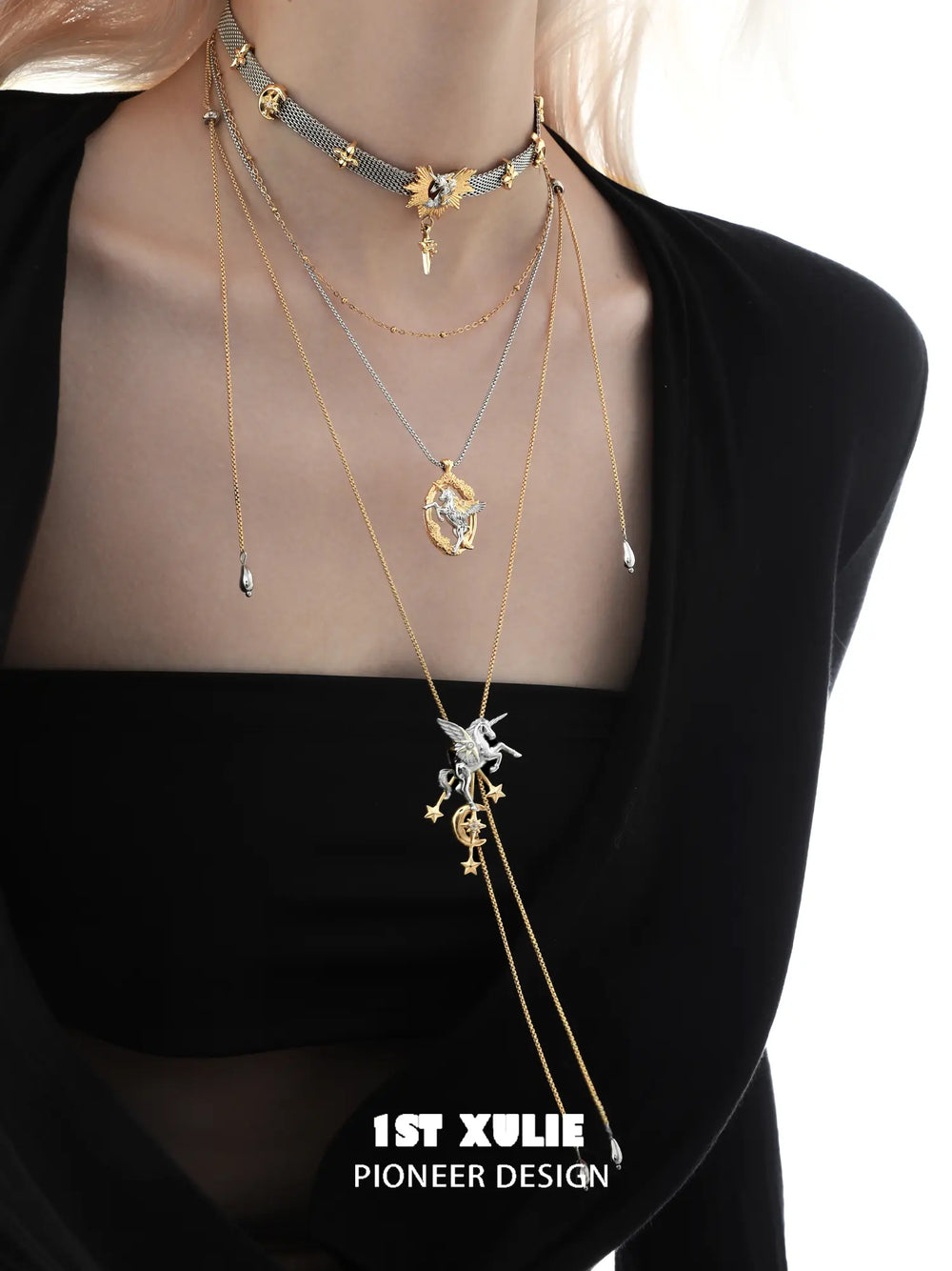 1ST XULIE "DREAM HORSE" Dreamy Unicorn Necklace in 18K Gold and Platinum Plated - Lifestyle Shot