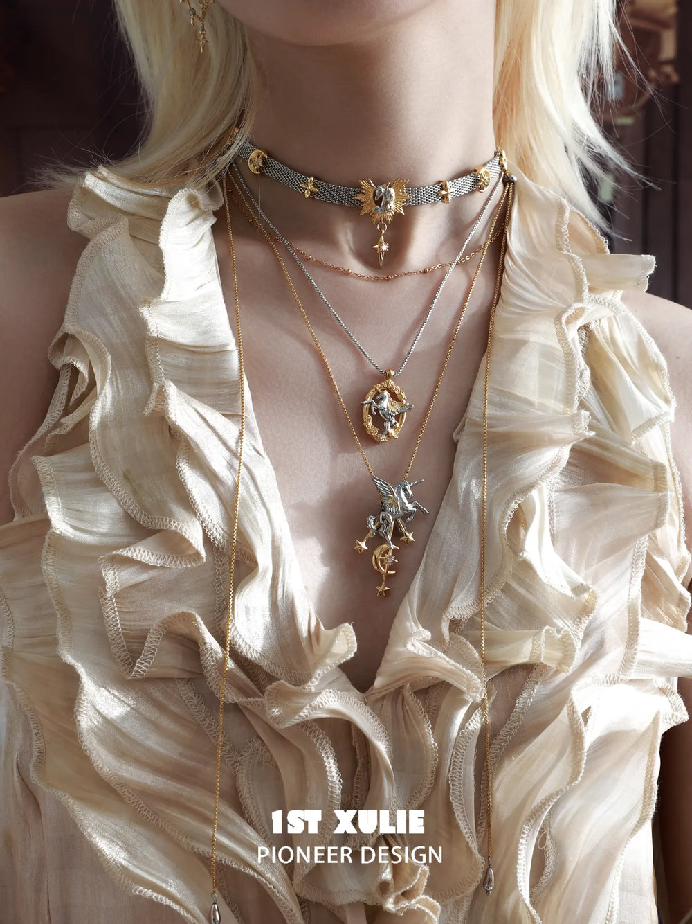 1ST XULIE "DREAM HORSE" Dreamy Unicorn Necklace in 18K Gold and Platinum Plated - Product View