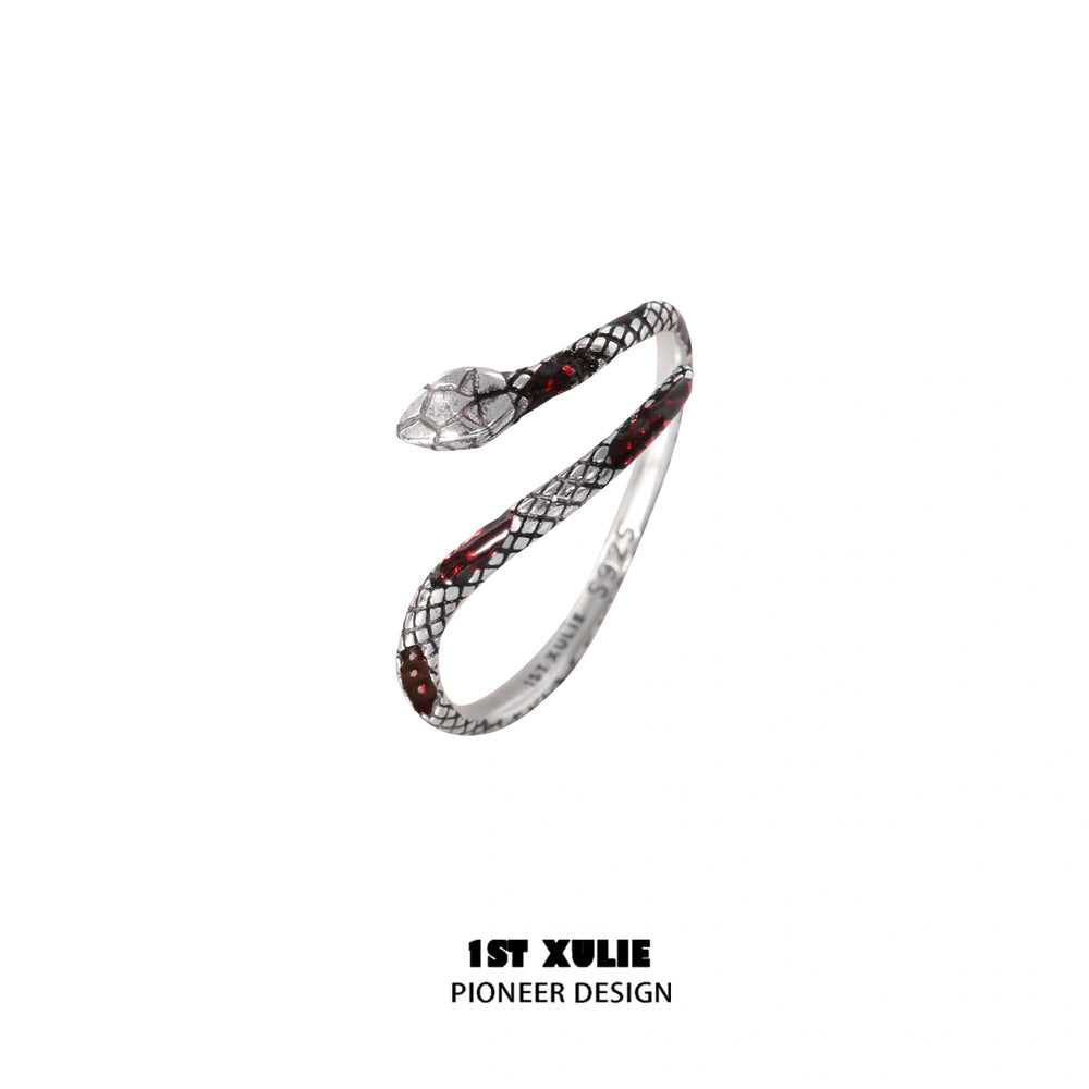 1ST XULIE "Snake Bite" Edgy Python Wrap Ring in 925 Sterling Silver - Angled View