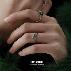 1ST XULIE "Snake Bite" Edgy Python Wrap Ring in 925 Sterling Silver - On Model Close-Up