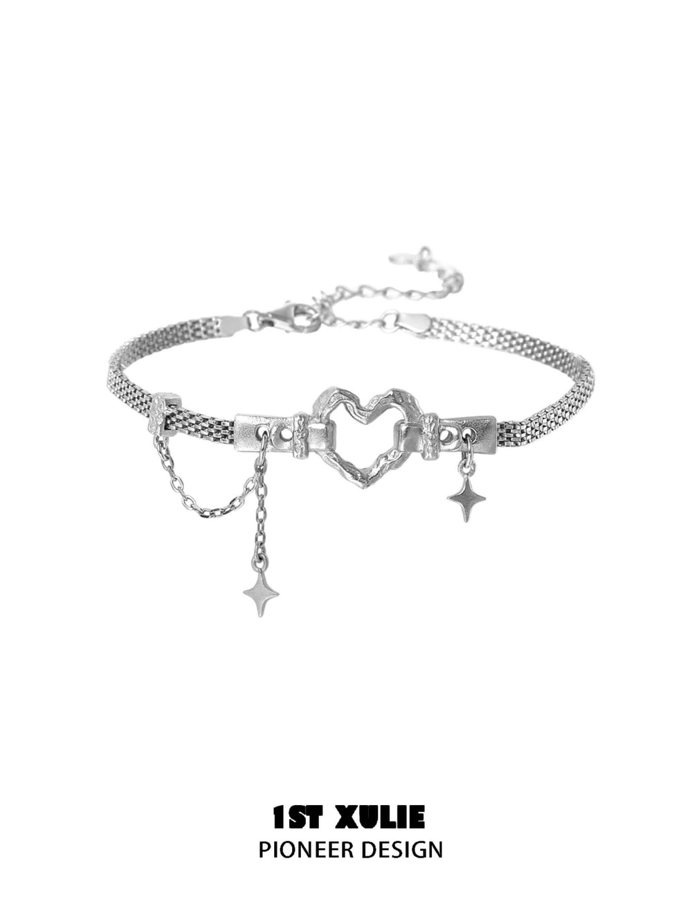 1ST XULIE "Star Trails" Edgy Skeleton Heart Charm Bracelet in 925 Sterling Silver - Detail Shot