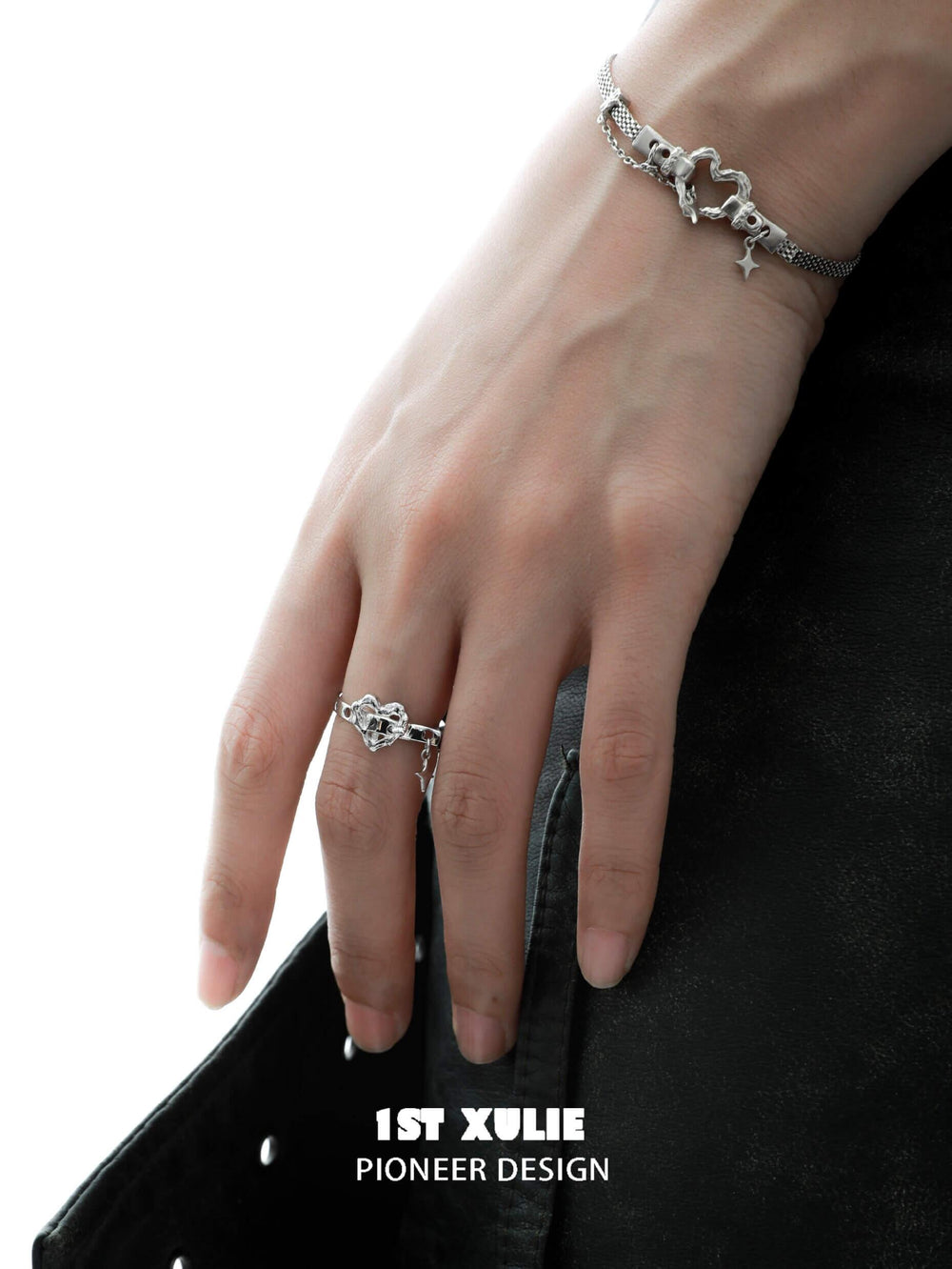 1ST XULIE "Star Trails" Edgy Skeleton Heart Charm Bracelet in 925 Sterling Silver - Lifestyle Shot