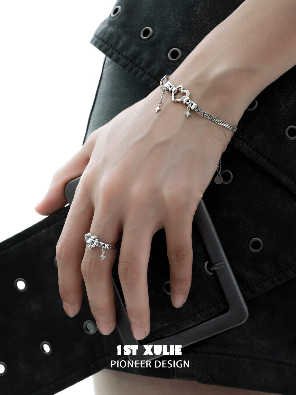1ST XULIE "Star Trails" Edgy Skeleton Heart Charm Bracelet in 925 Sterling Silver - Product View