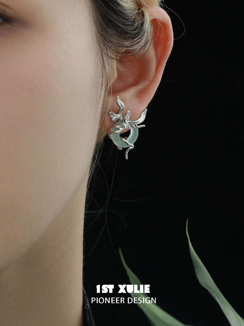 1ST XULIE "Irises" Elegant Jade Dangle Drop Earrings in 925 Sterling Silver - On Model