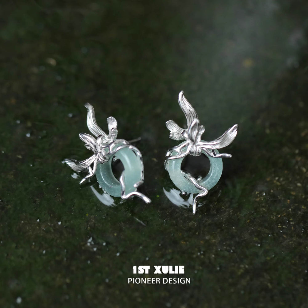 1ST XULIE "Irises" Elegant Jade Dangle Drop Earrings in 925 Sterling Silver - Texture Detail