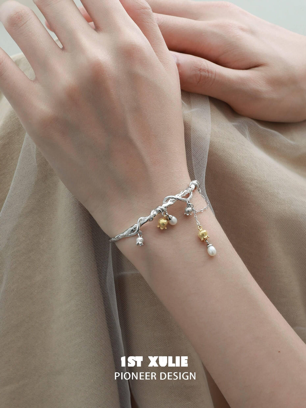 1ST XULIE "Tears of Mermaid" Elegant Tulip Pearl Cuff Bangle in Platinum Plated - Product View