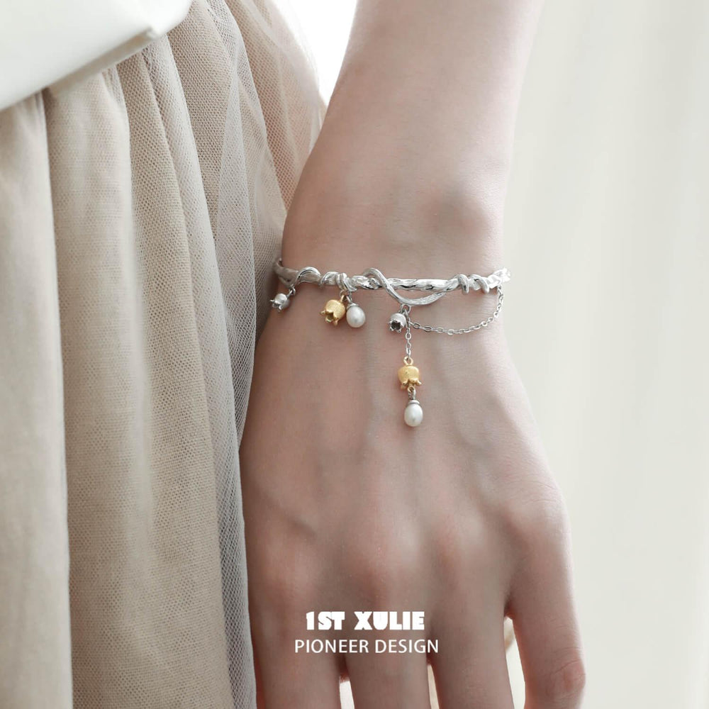1ST XULIE "Tears of Mermaid" Elegant Tulip Pearl Cuff Bangle in Platinum Plated - On Model Close-Up