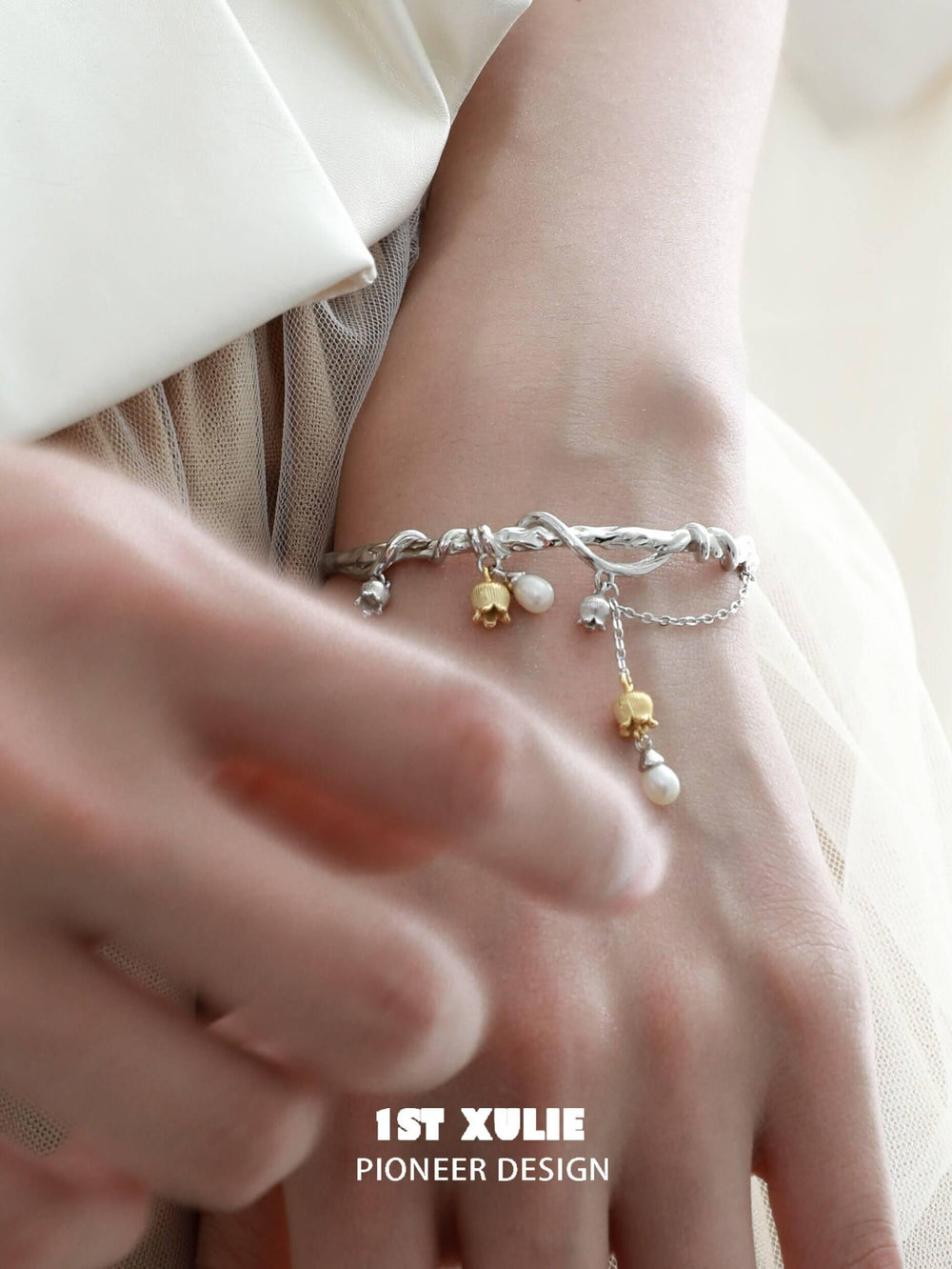 1ST XULIE "Tears of Mermaid" Elegant Tulip Pearl Cuff Bangle in Platinum Plated - Side View