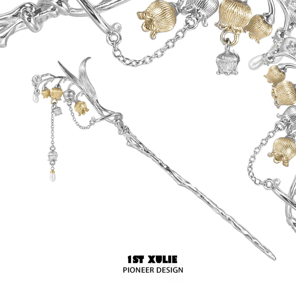 1ST XULIE "Lucky Cat" Elegant Tulip Pearl Hair Pin in Platinum Plated - Detail Shot