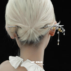 1ST XULIE "Lucky Cat" Elegant Tulip Pearl Hair Pin in Platinum Plated - Side View