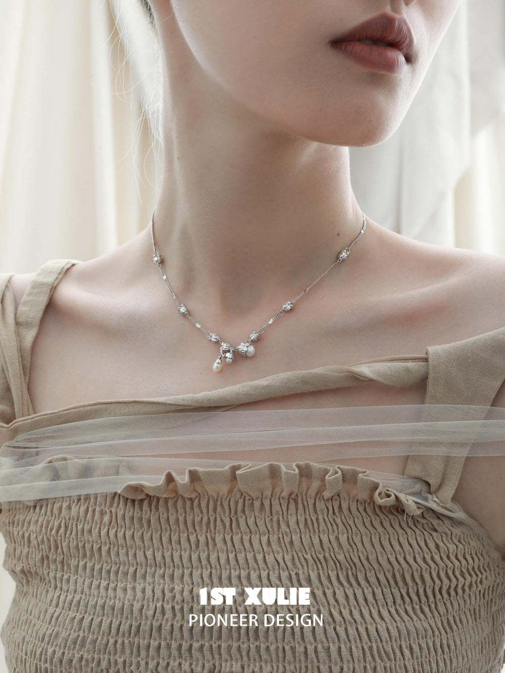 1ST XULIE "Tears of Mermaid" Elegant Tulip Pearl Pendant Necklace in 925 Sterling Silver - Side View