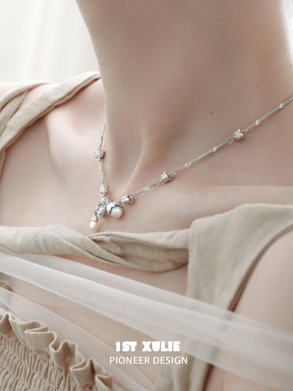 1ST XULIE "Tears of Mermaid" Elegant Tulip Pearl Pendant Necklace in 925 Sterling Silver - Product View