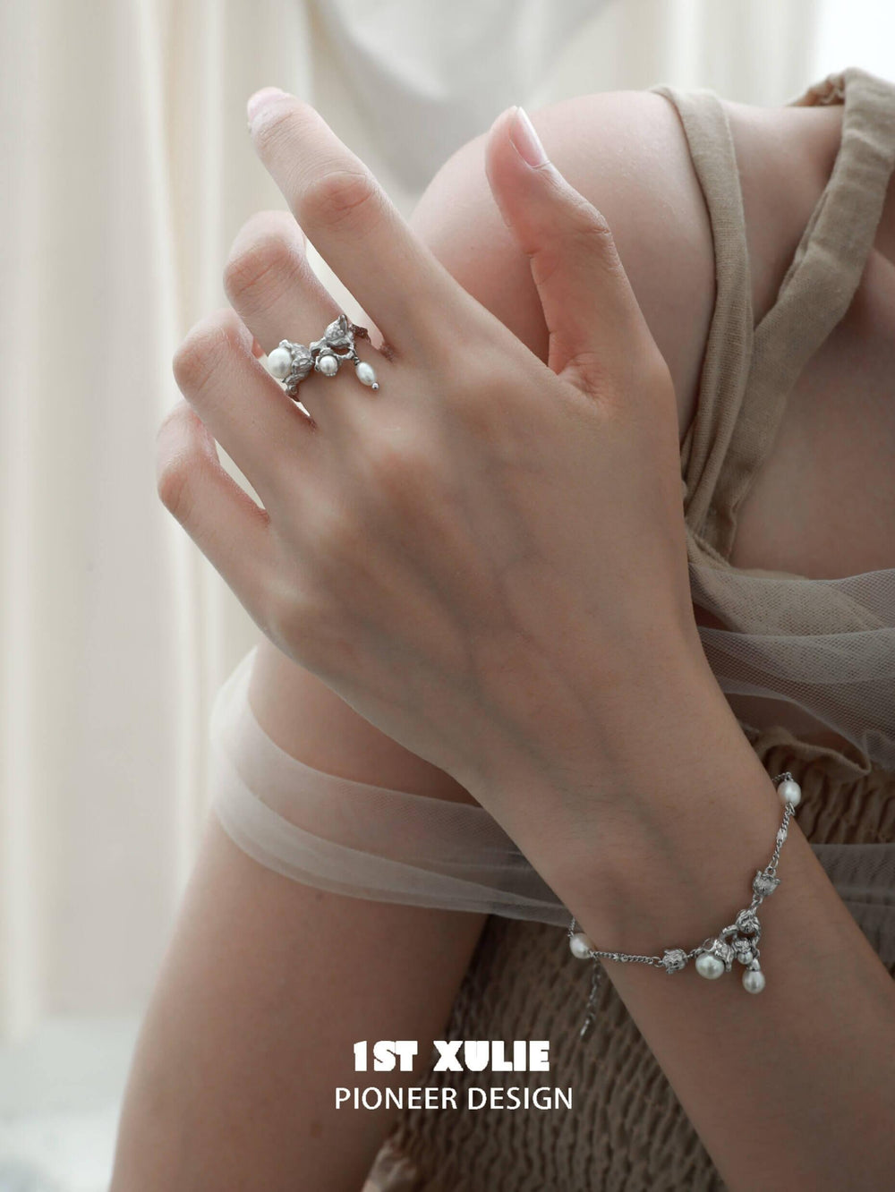1ST XULIE "Tears of Mermaid" Elegant Tulip Pearl Ring in 925 Sterling Silver - On Model Close-up