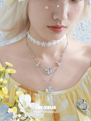 1ST XULIE Jewelry "DAISY" Enamel Daisy Double Layer Pendant Necklace in Platinum Plated - Angle 1