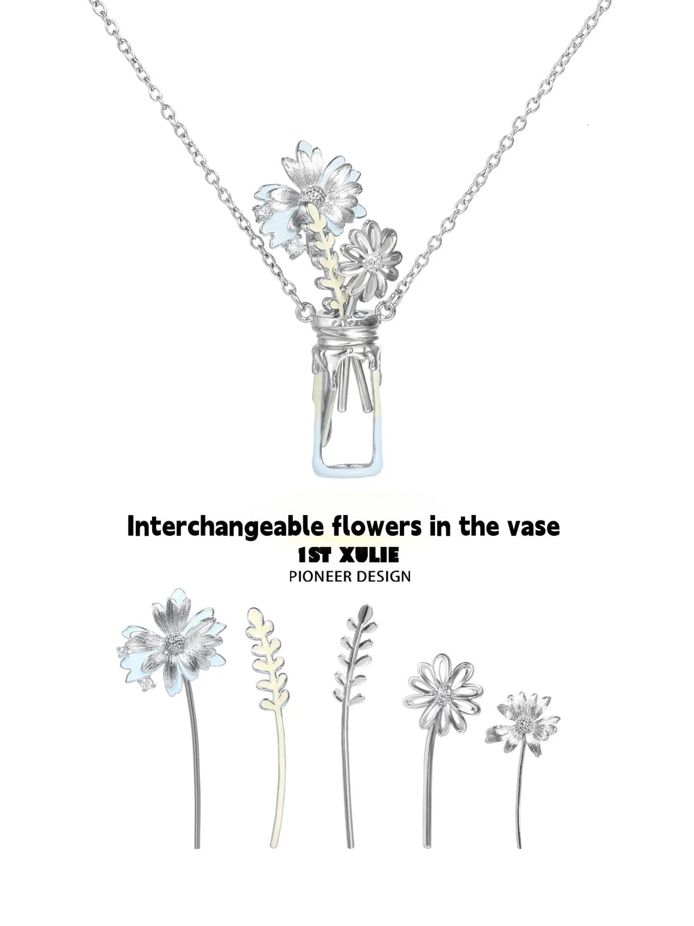 1ST XULIE Jewelry "DAISY" Enamel Daisy Vase Pendant Necklace in Brass - Alternative Angle