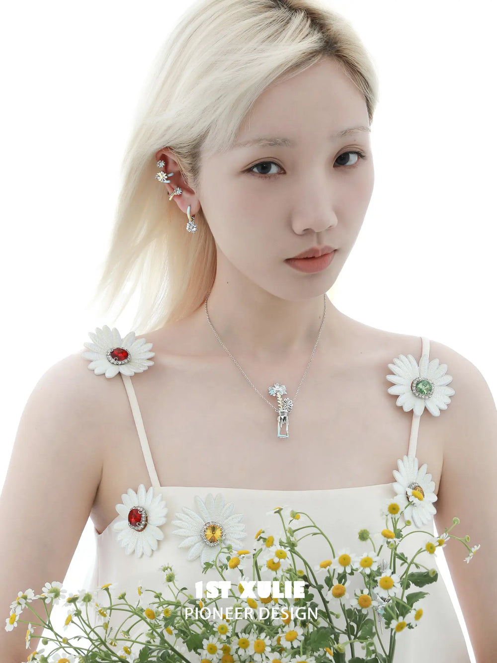 1ST XULIE Jewelry "DAISY" Enamel Daisy Vase Pendant Necklace in Brass - On Model