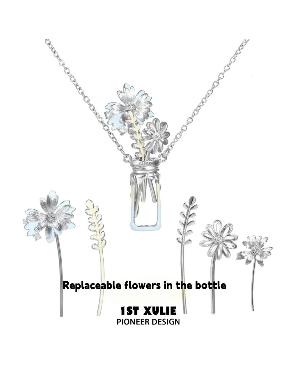 1ST XULIE Jewelry "DAISY" Enamel Daisy Vase Pendant Necklace in Brass - Texture Detail